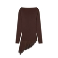 Elegant off-shoulder coffee brown knit top with asymmetrical lace hem and long sleeves - S / Coffee
