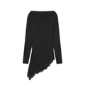 Elegant black off-shoulder top with asymmetric lace hem and long sleeves in plain background - S / Black