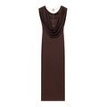 Elegant sleeveless dark brown cowl neck midi dress with a delicate gold chain necklace detail - S / Coffee