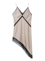 Details des Satin-Kleides mit V-Ausschnitt, schwarzer Spitze und asymmetrischem Saum - S / Champagner