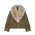 Olijfgroene suède jas voor dames met een pluche imitatiebontkraag en elastische zoomafwerking - XS / Olijfgroen