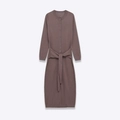 Elegant long-sleeve knit midi dress with front buttons and waist tie in dusty pink - S / Khaki