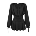 Elegantes schwarzes schulterfreies Minikleid mit Laternenärmeln und gestuftem Rüschensaum - S / Schwarz
