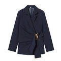 Detailed close-up of navy slim blazer featuring side pleats and a gold metallic buckle - XS / Tops / Navy Blue