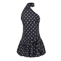Detailansicht des schwarzen Polka-Dot-Neckholder-Kleids mit Schleife und Rüschensaum - S / Schwarze Polka Dots
