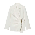 Detail of white blazer featuring side pleats and a unique gold metallic buckle closure - XS / Tops / White