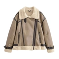 Chaqueta aviadora vintage de ante caqui con forro de lana de cordero blanca y cremallera metálica - XS / Caqui