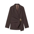 Deep brown women's blazer featuring asymmetric waist wrap and gold designer buckle - Coffee Jacket / XS