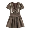 Vintagebraunes Karo-Kleid mit großem Spitzenkragen, Puffärmeln und Schleifen-Detail - XS / Braunes Karo