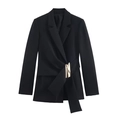 Detail of a chic black blazer featuring a unique irregular gold metal buckle at the waist - Black Jacket / XS