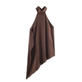 Dark brown halter neck top for women featuring a draped asymmetric hem and sleek finish - S / Brown