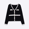 Elegante zwarte gebreide cardigan met witte biezen en metalen knopen in chique stijl - S / Zoals getoond