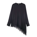 Haut élégant en satin noir pour femme avec ourlet asymétrique en dentelle et col rond - XS / Noir