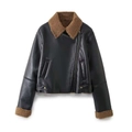 Chaqueta motera de cuero sintético negro para mujer con ribetes de borrego marrón - XS / Negro