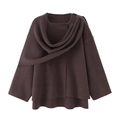 Maglione poncho in maglia marrone con orlo asimmetrico e collo sciarpa a bottone - S / Marrone Scuro