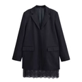 Elegant black blazer dress with stylish lace trim hem and classic lapel design - XS / Black