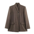 Donkerbruine visgraat blazer voor dames met opstaande kraag en enkele knoopsluiting - XS / Zoals getoond