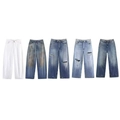 Jeans taille haute à jambes larges en cinq délavages denim avec styles déchirés et usés - Bleu Poudré