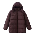 Detail of burgundy puffer coat with hood and wide horizontal quilting textures - S / Burgundy