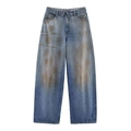 Détail du jean taille haute à jambe large avec délavage vintage et bouton croisé à la taille - XS / Bleu Délavé Sale