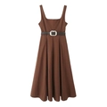 Vintage dark brown square neck A-line dress with black belt and pleated skirt - S / Caramel Brown