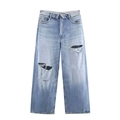 Modische hellblaue Wide-Leg-Jeans aus Denim mit trendigen Rissen im Kniebereich - XS / Hellblau