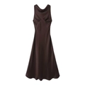 Elegant brown sleeveless satin midi dress with a cowl neck and pleated bust detail - S / Coffee