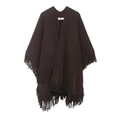 Women's dark brown knit poncho with V-neckline and decorative fringe hem details - S / Coffee
