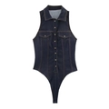 Donkerblauwe mouwloze denim bodysuit met omgeslagen kraag en contraststiksels - XS / Donkerblauw