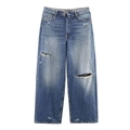Klassische halbblaue High-Waist-Jeans mit weitem Bein und Destroyed-Effekten an den Knien - XS / Dunkelblau