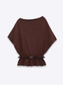 Close-up of coffee brown knit top featuring an elegant off-shoulder neckline and belted waist - S / Dark Brown