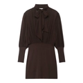 Donkerbruine jurk met lange mouwen, strikkraag en geplooide taille-details - S / Donkerbruin