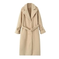 Elegant cream beige wool coat with double-breasted buttons and belt for women - S / Milky Apricot