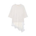 Minimalist loose cotton T-shirt for women with lace patchwork hem and asymmetric satin detail - S / White