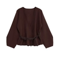 Chic dark brown V-neck knit cardigan for women with adjustable belted waist design - S / Dark Brown