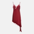 Detail of burgundy satin slip dress with intricate lace trim and asymmetrical hemline - XS / Burgundy