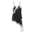 Detail of black satin slip dress with contrast white eyelash lace trim and asymmetric hem - Black Patchwork / XS