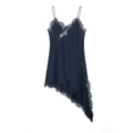 Detail of navy silk slip dress with delicate black eyelash lace trim and irregular hemline - Navy Blue / XS