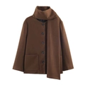 Brown wool short coat with matching scarf design and large pockets in minimalist style - S / Dark Brown