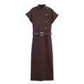 Kaffeebraunes ärmelloses Midikleid mit Stehkragen, Silberknöpfen und Schlangenmuster-Gürtel - XS / Dunkelkaffee