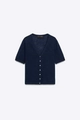 Short sleeve navy blue V-neck knit cardigan featuring white buttons in a slim fit - S / Navy Blue