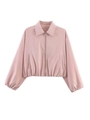 Close-up of pale pink short bomber jacket featuring sharp collar and full zip front closure - S / Tops / Lotus Pink