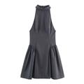 Dunkelgraues Neckholder-Minikleid mit Faltenrock in A-Linie und Reißverschluss hinten - XS / Karbonfarbe