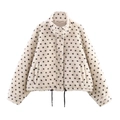 Women's fluffy stand collar fleece jacket with black polka dots and adjustable hem drawstring - XS / Polka Dot