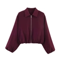 Close-up of burgundy short jacket with full front metal zipper and elastic hem details - S / Tops / Burgundy