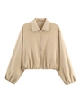 Detailansicht der beigefarbenen Freizeitjacke mit Silberreißverschluss und Gummizug - S / Khaki