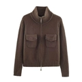 Women's knit zip-up jacket in dark brown with high collar and ribbed cuffs - Coffee