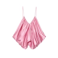 Detailansicht des rosa Satin-Camisoles mit tiefem V-Ausschnitt und Rüschensaum - XS / Rosa