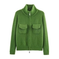 Cardigan in maglia verde erba con collo alto, zip metallica e due tasche frontali - S / Verde
