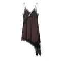 Dark coffee silk-like slip dress featuring black lace trim and asymmetrical hem details - Brown / XS